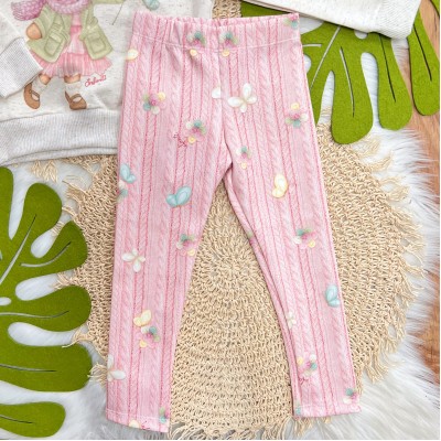 Conj. Casaco de Linha Ursinha com Flor de Crochê e Calça Legging - Areia e Rosa